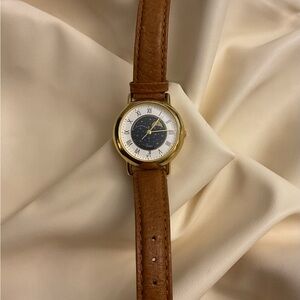 Vintage 1990s Timex Celestial Dial Quartz Watch Brown Leather Strap Gold Tone